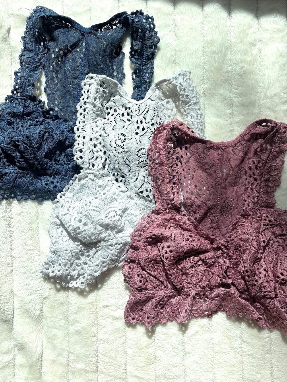 Altar'd State Lace Bralette Set of 3 Small in Navy, White & Mauve
